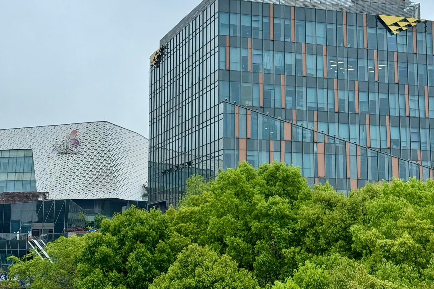 Modern office buildings rise behind a canopy of trees.
